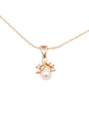 14K Yellow Gold 18 Inch Akoya Pearl & Diamond Pendant Necklace